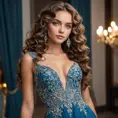 A stunning woman with piercing blue eyes and long, curly brown hair, posing in a elegant evening gown, Highly Detailed, Half Body, Gorgeous, Stunning, Elegant