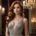 A stunning woman with flowing auburn hair, wearing an elegant evening gown, standing in a dimly lit ballroom with chandeliers, soft light highlighting her features, highly detailed, realistic, cinematic lighting, Highly Detailed, Half Body, Gorgeous, Stunning, Elegant by Stanley Artgerm Lau