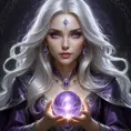 a mysterious sorceress with long silver hair and piercing violet eyes, holding a glowing orb in her hands, Highly Detailed, Half Body, Gorgeous, Stunning, Elegant by Stanley Artgerm Lau