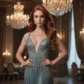 A stunning woman with flowing auburn hair, wearing an elegant evening gown, standing in a dimly lit ballroom with chandeliers, soft light highlighting her features, highly detailed, realistic, cinematic lighting, Highly Detailed, Half Body, Gorgeous, Stunning, Elegant by Stanley Artgerm Lau