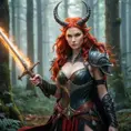 A gorgeous woman with horns and fiery red hair, wielding a sword in a mystical forest, Highly Detailed, Half Body, Gorgeous, Stunning, Elegant