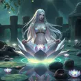 A serene depiction of a woman with pale lavender skin and flowing silver hair, sitting lotus-positioned atop a tranquil lotus flower in an otherworldly, bioluminescent pond, surrounded by ancient stone ruins., Highly Detailed, Half Body, Gorgeous, Stunning, Elegant by Stanley Artgerm Lau