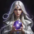 a mysterious sorceress with long silver hair and piercing violet eyes, holding a glowing orb in her hands, Highly Detailed, Half Body, Gorgeous, Stunning, Elegant by Stanley Artgerm Lau