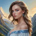 a stunning woman with piercing blue eyes, gazing out at a breathtaking mountain vista, Highly Detailed, Half Body, Gorgeous, Stunning, Elegant by Stanley Artgerm Lau