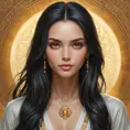 A divinely beautiful woman with long, black hair, piercing amber eyes, and a serene expression, radiating peace and tranquility, Highly Detailed, Half Body, Gorgeous, Stunning, Elegant by Stanley Artgerm Lau