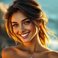 A captivatingly beautiful woman with warm brown eyes, sun-kissed skin, and a mischievous grin, radiating joy and vitality, Highly Detailed, Half Body, Gorgeous, Stunning, Elegant by Stanley Artgerm Lau