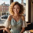 A beautiful woman with freckles and curly hair sitting in a cozy café, her eyes sparkling with laughter, adorned in a cute vintage dress, a steaming cup of coffee in her hands, sunlight streaming through the window., Highly Detailed, Half Body, Gorgeous, Stunning, Elegant by Stanley Artgerm Lau