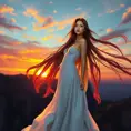 A stunning woman with flowing long hair, standing on a cliff at sunset, dressed in an elegant gown, her expression serene and contemplative, vivid colors in the sky reflecting on her face., Highly Detailed, Half Body, Gorgeous, Stunning, Elegant by Stanley Artgerm Lau