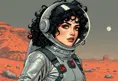 A retro-futuristic illustration of a woman with curly black hair and dark features, wearing a stylish silver spacesuit, exploring Mars' surface, Highly Detailed, Intricate, Half Body, Realistic