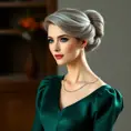 A lady in her late 30s with soft gray hair pulled back into a classic chignon, wearing an elegant emerald green dress that softly hugs her figure, Highly Detailed, Half Body, Gorgeous, Stunning, Elegant by Stanley Artgerm Lau