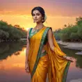 A gorgeous woman with glowing olive skin, wearing a traditional silk sari, standing by a river at sunset, the sky ablaze with colors, the water reflecting the vibrant hues, serene expression, richly detailed, Highly Detailed, Half Body, Gorgeous, Stunning, Elegant by Stanley Artgerm Lau