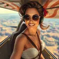 A confident woman piloting a vintage airplane over the Grand Canyon, Highly Detailed, Half Body, Gorgeous, Stunning, Elegant by Stanley Artgerm Lau