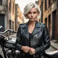 A striking woman with short platinum blonde hair, wearing a chic black leather jacket, leaning against a vintage motorcycle, gritty urban background, bold and edgy, cinematic lighting, Highly Detailed, Half Body, Gorgeous, Stunning, Elegant by Stanley Artgerm Lau