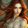 A breathtakingly beautiful woman with flowing auburn hair, emerald eyes, and a delicate porcelain complexion, ethereal and otherworldly, Highly Detailed, Half Body, Gorgeous, Stunning, Elegant by Stanley Artgerm Lau