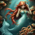 a whimsical mermaid with shimmering scales and a flowing auburn mane, swimming amidst coral reefs, Highly Detailed, Half Body, Gorgeous, Stunning, Elegant by Stanley Artgerm Lau