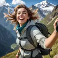 An adventurous explorer woman against a breathtaking mountain backdrop, wearing hiking gear, her joyful laughter echoing through the air, wind tousling her hair and a camera slung around her neck., Highly Detailed, Half Body, Gorgeous, Stunning, Elegant by Stanley Artgerm Lau