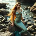 A stunning woman with mermaid scales and flowing golden locks, posing on a rocky beach, Highly Detailed, Half Body, Gorgeous, Stunning, Elegant