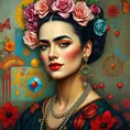 A captivating Frida Kahlo painting come to life, filled with vibrant colors and symbols, Highly Detailed, Half Body, Gorgeous, Stunning, Elegant by Stanley Artgerm Lau