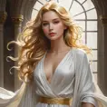 a timeless goddess with cascading golden hair and a serene expression, draped in flowing white robes, Highly Detailed, Half Body, Gorgeous, Stunning, Elegant by Stanley Artgerm Lau