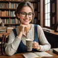 Woman with glasses and a kind smile, holding a cup of coffee while sitting quietly in an antique bookstore, Highly Detailed, Intricate, Half Body, Realistic