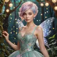 A whimsical woman with pastel-colored pixie hair, wearing a fairy tale-inspired gown with intricate embroidery, in an enchanted forest filled with twinkling lights, Highly Detailed, Half Body, Gorgeous, Stunning, Elegant by Stanley Artgerm Lau