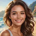 A captivatingly beautiful woman with warm brown eyes, sun-kissed skin, and a mischievous grin, radiating joy and vitality, Highly Detailed, Half Body, Gorgeous, Stunning, Elegant by Stanley Artgerm Lau