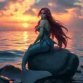 A mystical mermaid sitting on a rock by the shore at sunset, Highly Detailed, Half Body, Gorgeous, Stunning, Elegant by Stanley Artgerm Lau