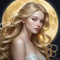 An ethereal woman with porcelain skin and cascading golden locks, illuminated by the soft glow of a full moon, Highly Detailed, Half Body, Gorgeous, Stunning, Elegant by Stanley Artgerm Lau