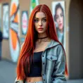 A stunning woman with long, straight red hair and bright blue eyes, posing in a trendy streetwear outfit, Highly Detailed, Half Body, Gorgeous, Stunning, Elegant