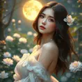 A serene and ethereal woman with delicate, petal-like features, amidst a moonlit garden, Highly Detailed, Half Body, Gorgeous, Stunning, Elegant by Stanley Artgerm Lau