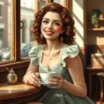 A beautiful woman with freckles and curly hair sitting in a cozy café, her eyes sparkling with laughter, adorned in a cute vintage dress, a steaming cup of coffee in her hands, sunlight streaming through the window., Highly Detailed, Half Body, Gorgeous, Stunning, Elegant by Stanley Artgerm Lau