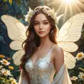 A beautiful woman with wings like a butterfly, surrounded by flowers and sunlight, Highly Detailed, Half Body, Gorgeous, Stunning, Elegant