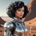 A retro-futuristic illustration of a woman with curly black hair and dark features, wearing a stylish silver spacesuit, exploring Mars' surface, Highly Detailed, Intricate, Half Body, Realistic