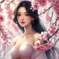 A radiant woman with a gentle smile and raven hair, surrounded by a cascade of cherry blossoms in spring, Highly Detailed, Half Body, Gorgeous, Stunning, Elegant by Stanley Artgerm Lau