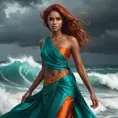 A breathtaking portrayal of a woman with dark umber skin and fiery copper hair, standing defiantly amidst the crashing waves of a stormy sea, dressed in a vibrant turquoise sari, her eyes locked onto an approaching thunderstorm., Highly Detailed, Half Body, Gorgeous, Stunning, Elegant by Stanley Artgerm Lau