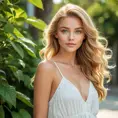 A beautiful woman with golden blonde hair and bright green eyes, wearing a flowy white sundress, Highly Detailed, Half Body, Gorgeous, Stunning, Elegant