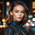 a captivating model with high cheekbones and full lips, posing for a fashion photoshoot against a backdrop of city lights, Highly Detailed, Half Body, Gorgeous, Stunning, Elegant by Stanley Artgerm Lau