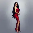 A gorgeous woman with porcelain skin and raven-black hair, wearing a fitted red dress and high heels, Highly Detailed, Half Body, Gorgeous, Stunning, Elegant