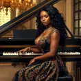 A captivating image of a woman with deep ebony skin and cascading curls, seated confidently at a grand piano, dressed in an opulent gold and black evening gown., Highly Detailed, Half Body, Gorgeous, Stunning, Elegant by Stanley Artgerm Lau