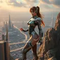 A fearless woman with an athletic build, wearing futuristic armor with elegant lines and soft LED accents, poised atop a cliff overlooking a sprawling sci-fi cityscape, Highly Detailed, Half Body, Gorgeous, Stunning, Elegant by Stanley Artgerm Lau