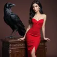 A gorgeous woman with porcelain skin and raven-black hair, wearing a fitted red dress and high heels, Highly Detailed, Half Body, Gorgeous, Stunning, Elegant