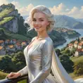 A majestic lady with an enigmatic smile and platinum hair, standing atop a hill overlooking a picturesque village, Highly Detailed, Half Body, Gorgeous, Stunning, Elegant by Stanley Artgerm Lau