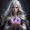 a mysterious sorceress with long silver hair and piercing violet eyes, holding a glowing orb in her hands, Highly Detailed, Half Body, Gorgeous, Stunning, Elegant by Stanley Artgerm Lau