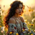 A beautiful woman with dark curly hair, wearing a bohemian dress, sitting in a sunlit meadow filled with wildflowers, soft-focus background, ethereal atmosphere, warm golden tones, natural beauty, Highly Detailed, Half Body, Gorgeous, Stunning, Elegant by Stanley Artgerm Lau