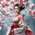 A graceful Japanese geisha in traditional attire during a cherry blossom storm, Highly Detailed, Half Body, Gorgeous, Stunning, Elegant by Stanley Artgerm Lau