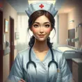 A gentle and compassionate nurse with a kind smile and warm, honey-brown eyes, set against a cozy and intimate hospital room, Highly Detailed, Half Body, Gorgeous, Stunning, Elegant by Stanley Artgerm Lau