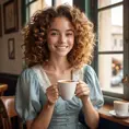 A beautiful woman with freckles and curly hair sitting in a cozy café, her eyes sparkling with laughter, adorned in a cute vintage dress, a steaming cup of coffee in her hands, sunlight streaming through the window., Highly Detailed, Half Body, Gorgeous, Stunning, Elegant by Stanley Artgerm Lau