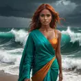 A breathtaking portrayal of a woman with dark umber skin and fiery copper hair, standing defiantly amidst the crashing waves of a stormy sea, dressed in a vibrant turquoise sari, her eyes locked onto an approaching thunderstorm., Highly Detailed, Half Body, Gorgeous, Stunning, Elegant by Stanley Artgerm Lau