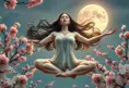 A surreal scene featuring a woman with almond-shaped eyes and porcelain skin, floating gracefully in a lotus position above blooming cherry blossom trees under a full moon, Highly Detailed, Intricate, Half Body, Realistic