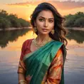 A gorgeous woman with glowing olive skin, wearing a traditional silk sari, standing by a river at sunset, the sky ablaze with colors, the water reflecting the vibrant hues, serene expression, richly detailed, Highly Detailed, Half Body, Gorgeous, Stunning, Elegant by Stanley Artgerm Lau